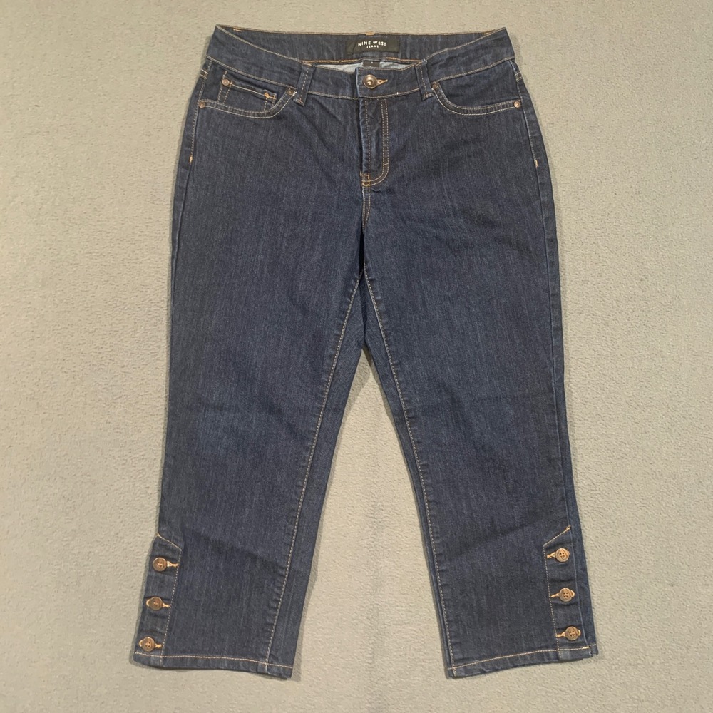 Nine West Jeans Women 8 Dark‎ Wash Mid Rise Button Hem Capri Denim Pants Blue